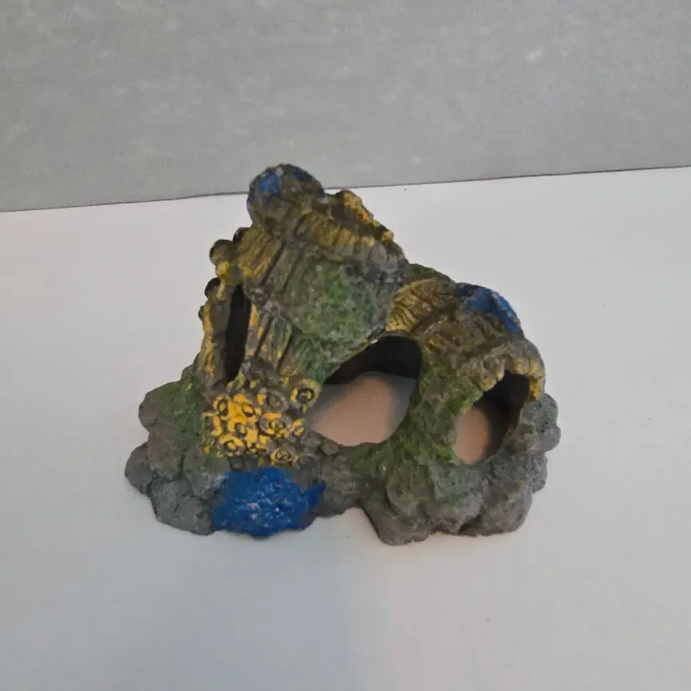 Fish Tank Aquarium Decorations Artificial Plastic Plants 2 Cave Rocks Decor Set